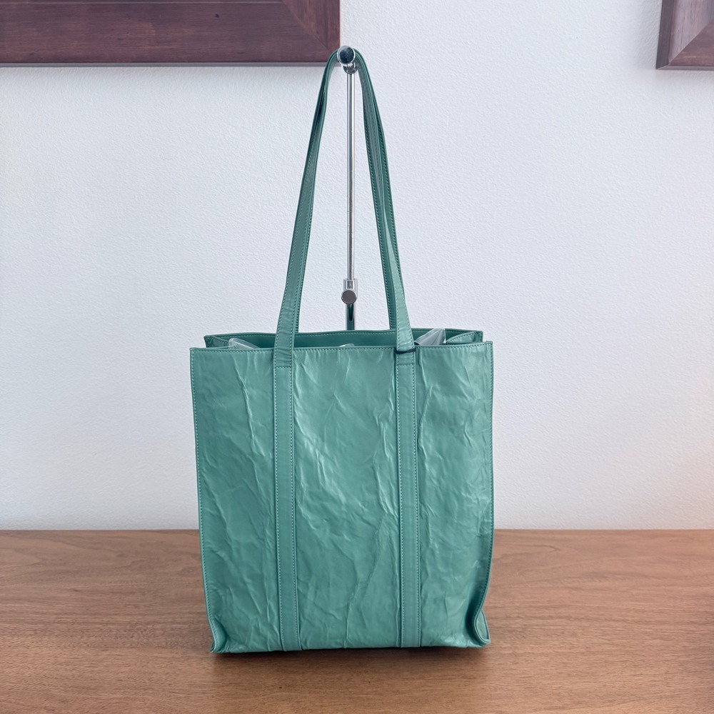 Prada 1BC459 Crinkled Leather Tote Bag Teal Green Shopper Triangle Logo - Picture 6 of 16